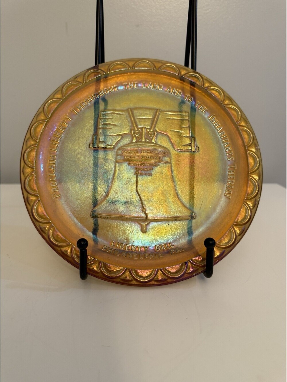 VTG INDIANA GLASS American Bicentennial Carnival Glass Liberty Bell Plate EUC